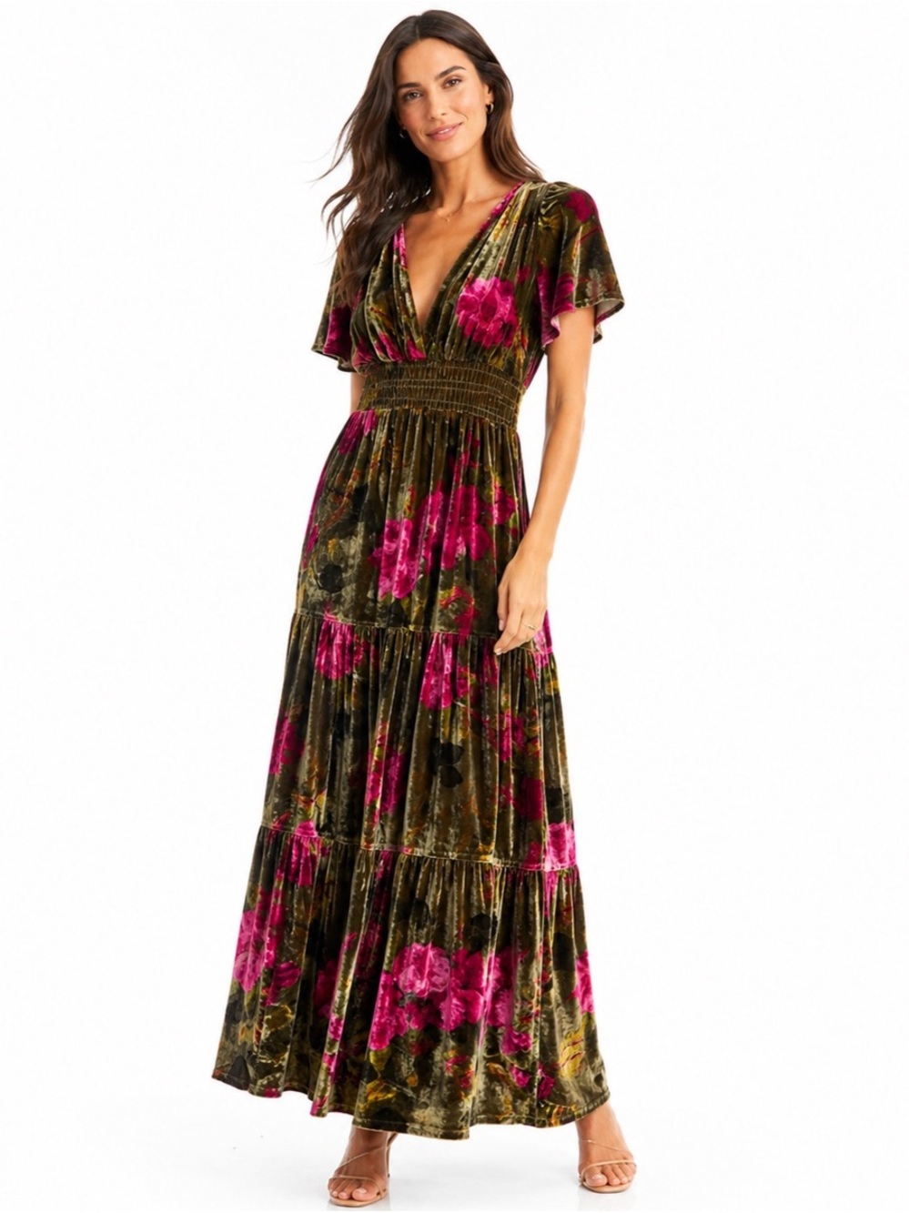 Anthropologie Olive Velvet Maxi Dress with Fuchsia Floral